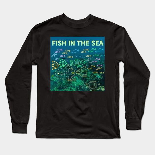 under the sea,blue sea,sea creatures,Turtle, puffer fish, starfish, shrimp, shark, tropical fish, sea horse, seaweed, sardines, squid, crabs, clams Long Sleeve T-Shirt by zzzozzo